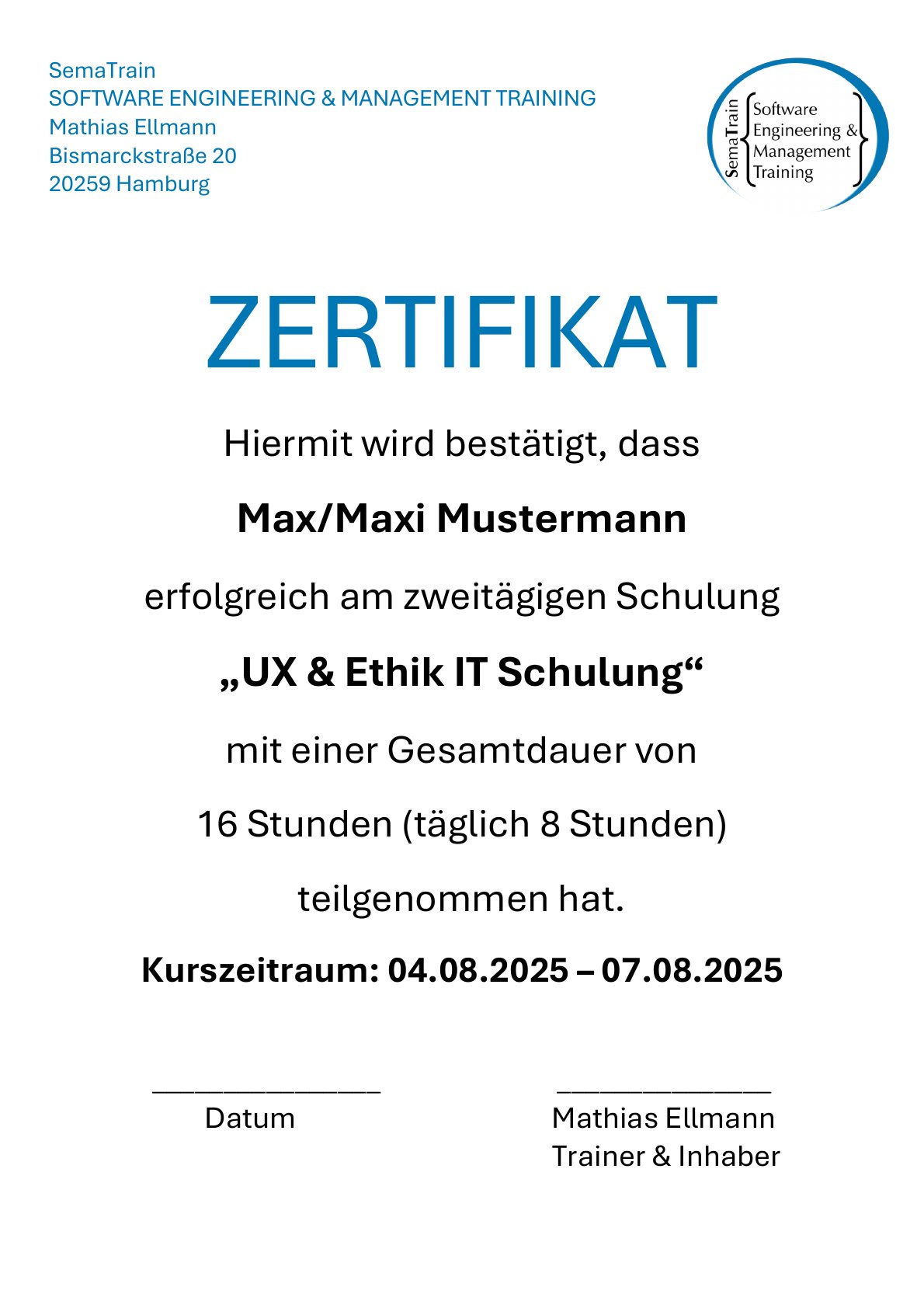 Zertifikat Vorschau – UX & Ethik in der Softwaregestaltung